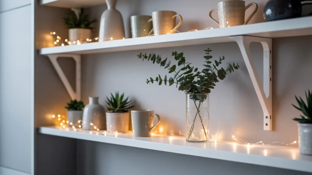 Open shelving in modern Christmas kitchen styled with mugs, greenery, and fairy lights