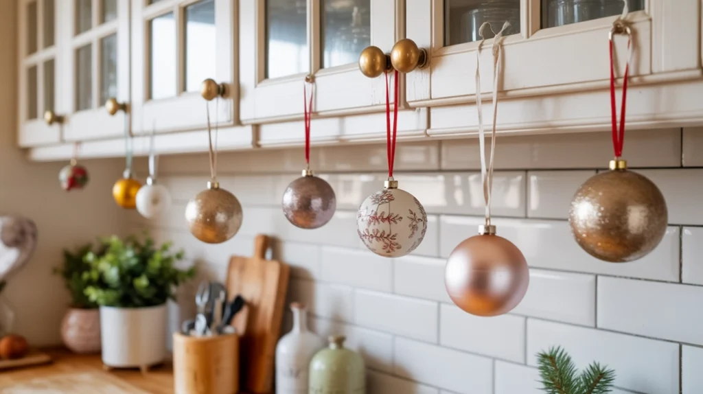 Mini ornaments hanging from cabinet knobs adding playful Christmas detail to the kitchen