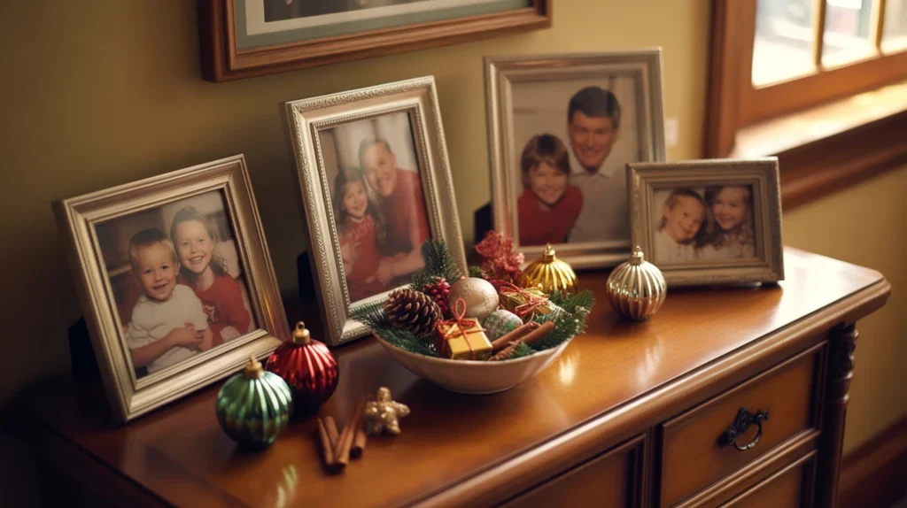 Personal holiday decor in master bedroom with framed Christmas photos and keepsake ornaments