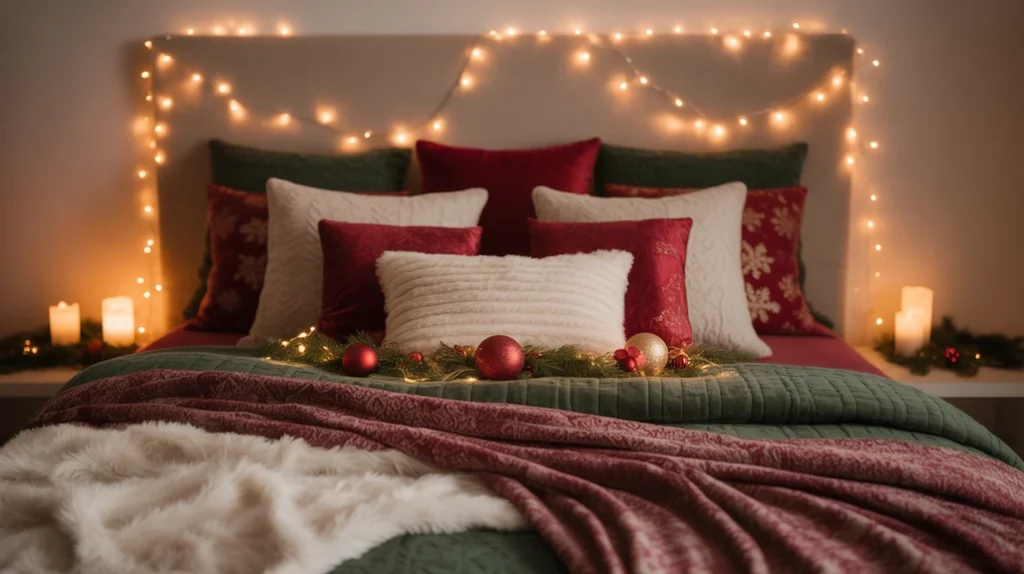 Cozy Christmas bedroom with throw pillows and blankets glowing under warm fairy lights.