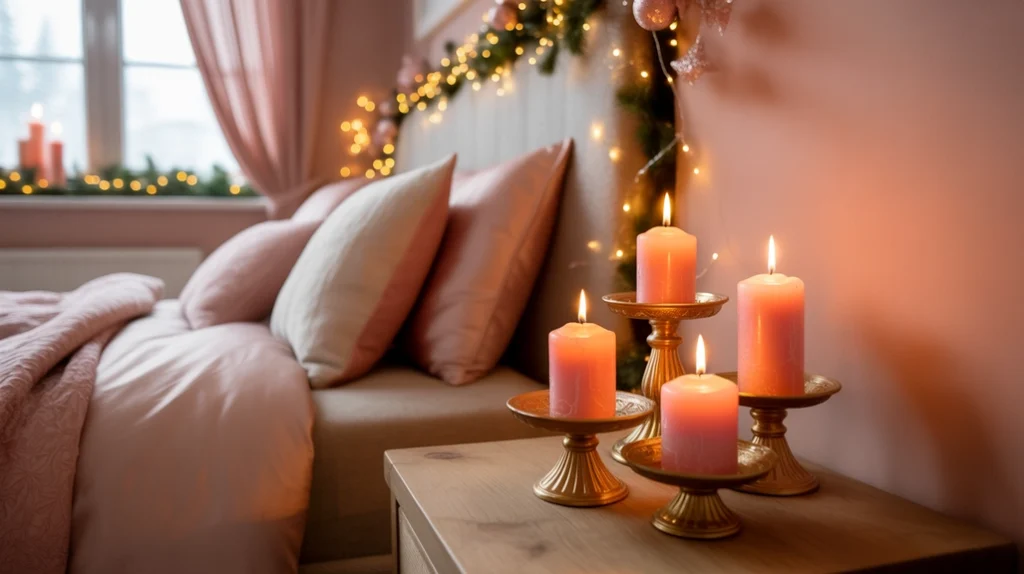 pink candles in gold holders casting romantic glow across modern feminine Christmas bedroom