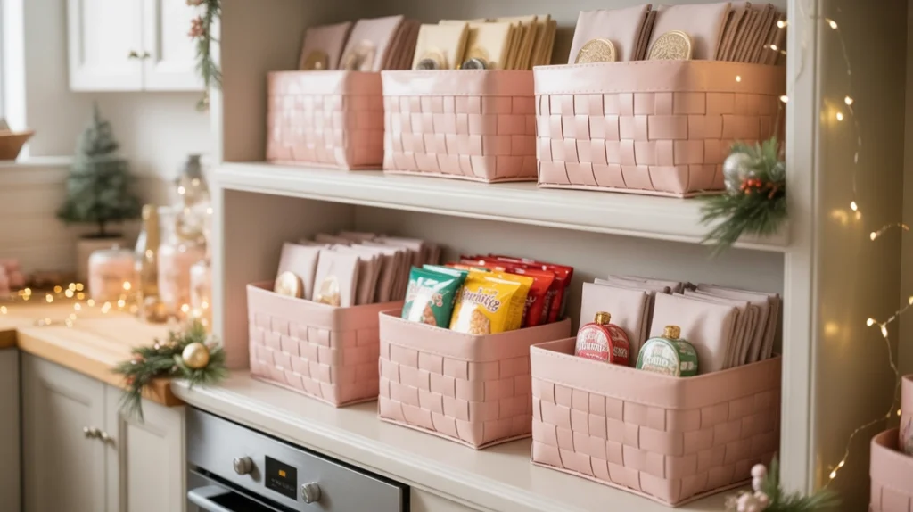 Pink storage baskets used for holiday kitchen organizing with blush Christmas accents