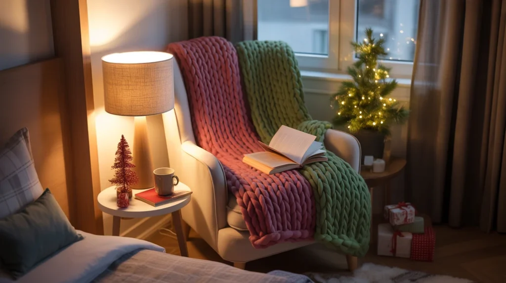 Reading nook with chair, throw blanket, and candlelight in festive apartment bedroom