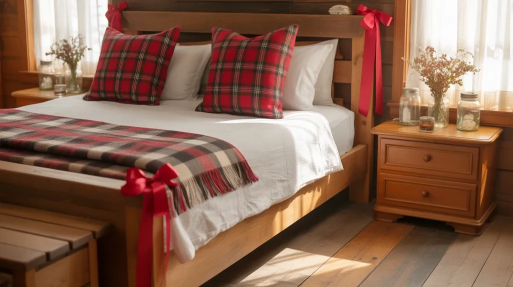 Rustic bedroom decorated with red plaid pillows and ribbons adding traditional farmhouse Christmas warmth