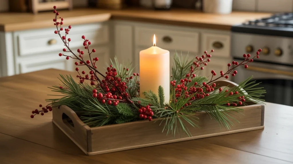 tray with red berry stems, pine branches, and candle centerpiece for classic christmas styling