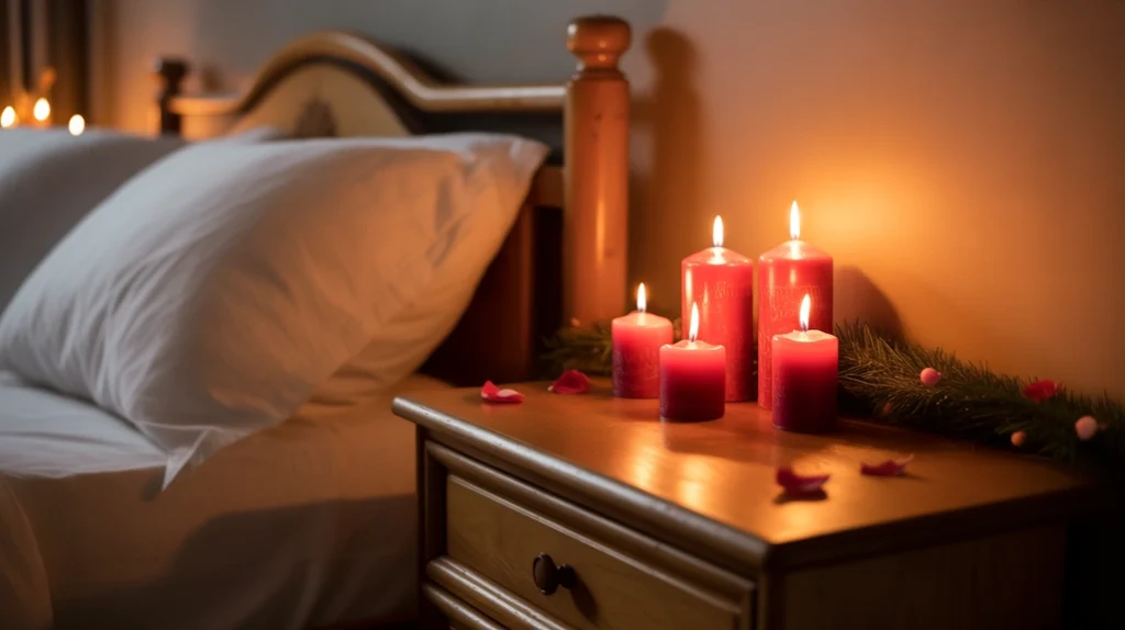 red candles glowing on nightstand creating warm light and romantic christmas bedroom ambiance
