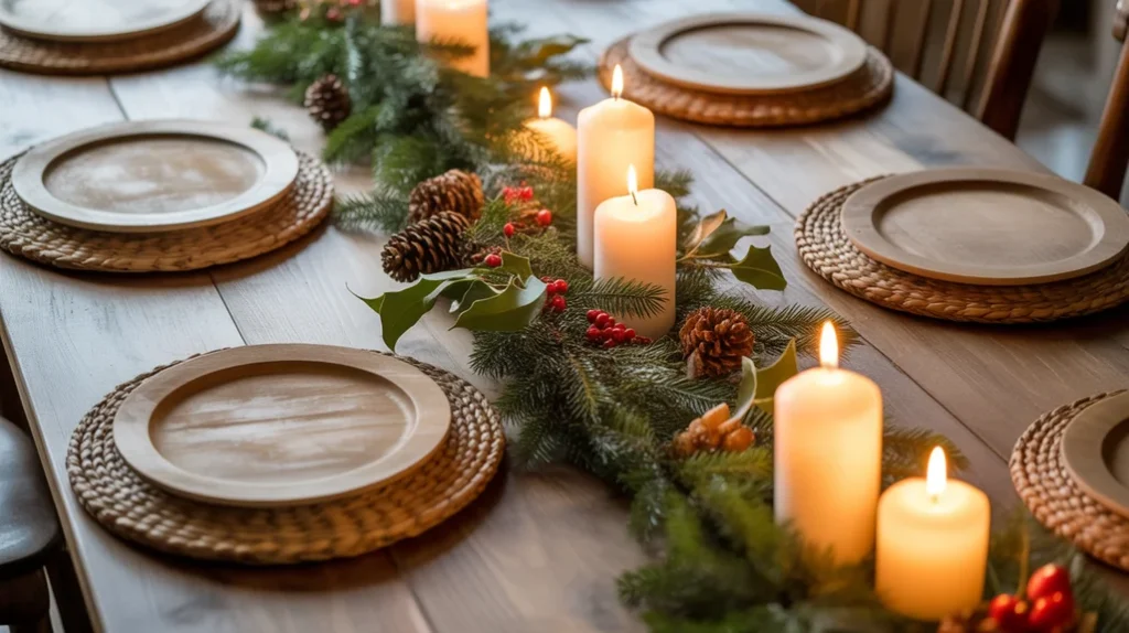 Rustic farmhouse Christmas dining table with wooden chargers, pinecones, and greenery
