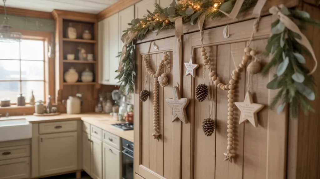 Farmhouse kitchen cabinets decorated with wooden beads, rustic signs, and natural garlands for cozy Christmas feel