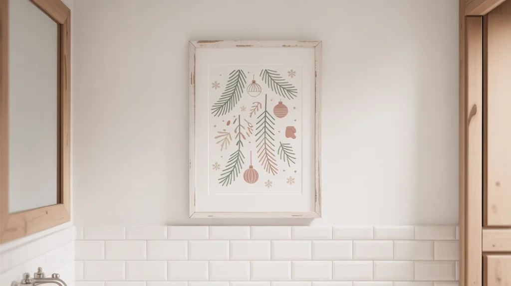 Minimal Scandinavian Christmas wall print adding soft seasonal style to a Hygge bathroom.