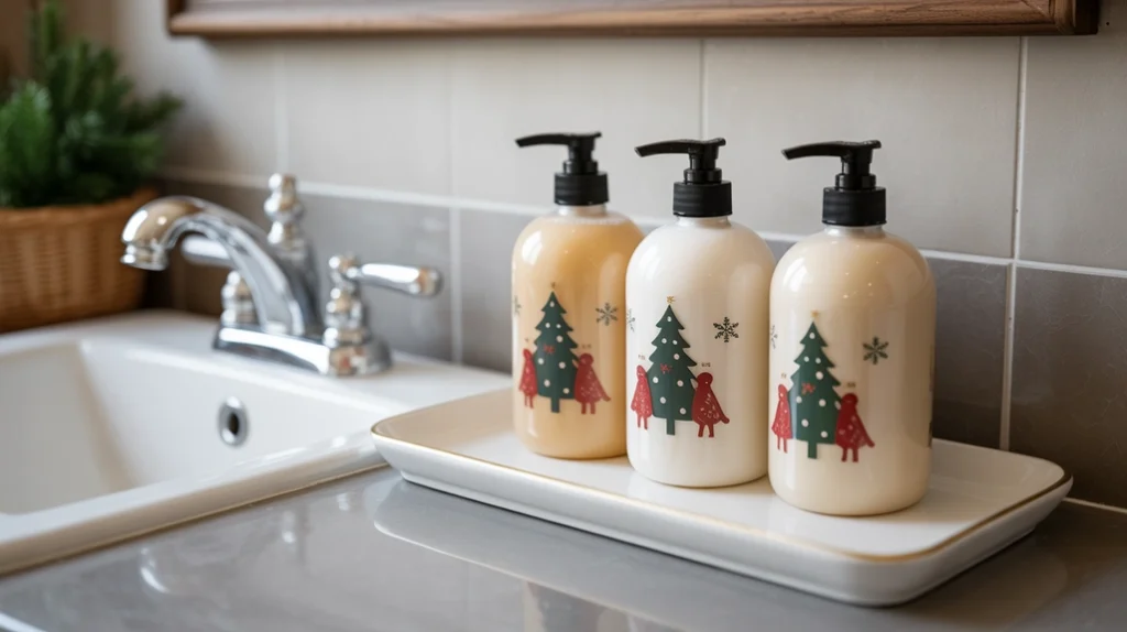 matching pump bottles for lotion and soap in holiday colors on a bathroom sink tray