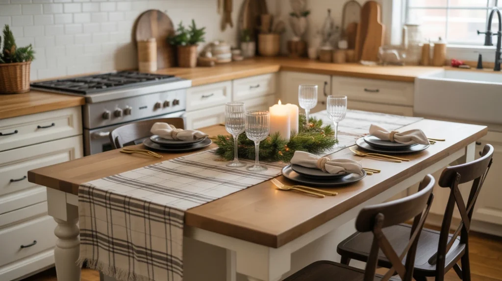 Kitchen island decorated with plaid or linen runner for soft textured Christmas farmhouse kitchen look