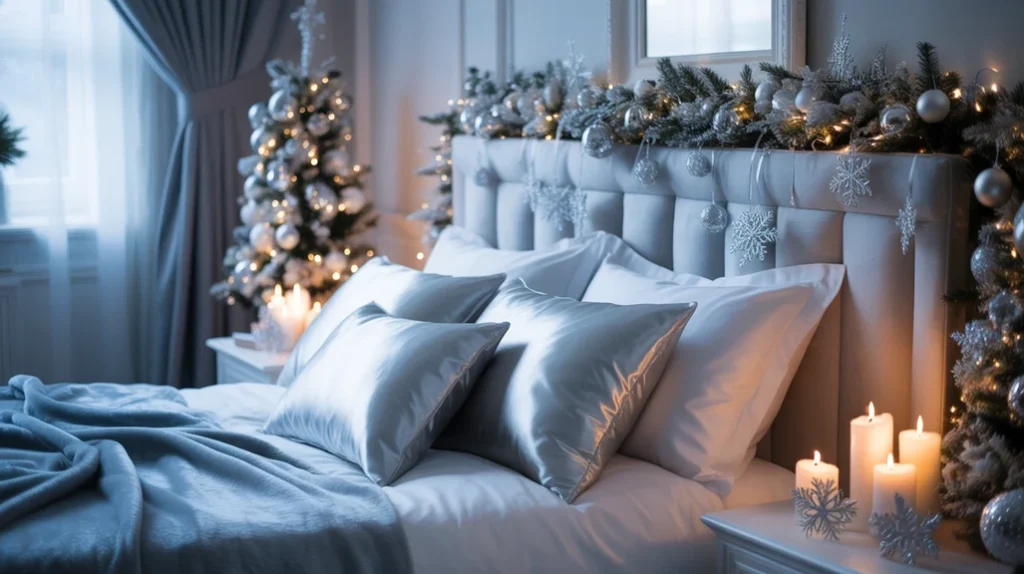 silver and blue Christmas bedroom with icy decor tones creating cool modern winter holiday look