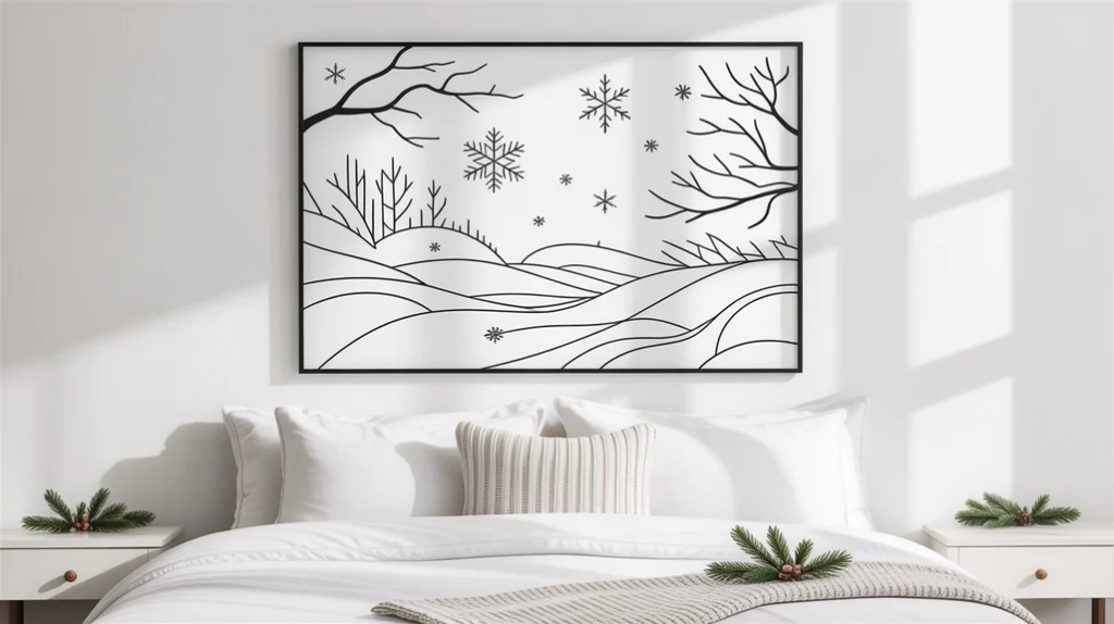 Abstract winter prints and simple line art complementing calm minimalist Christmas bedroom theme
