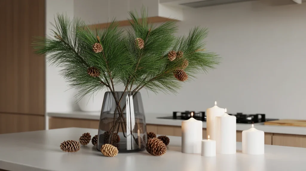 Minimalist Christmas centerpiece with glass vase, pinecones, and candles on kitchen island