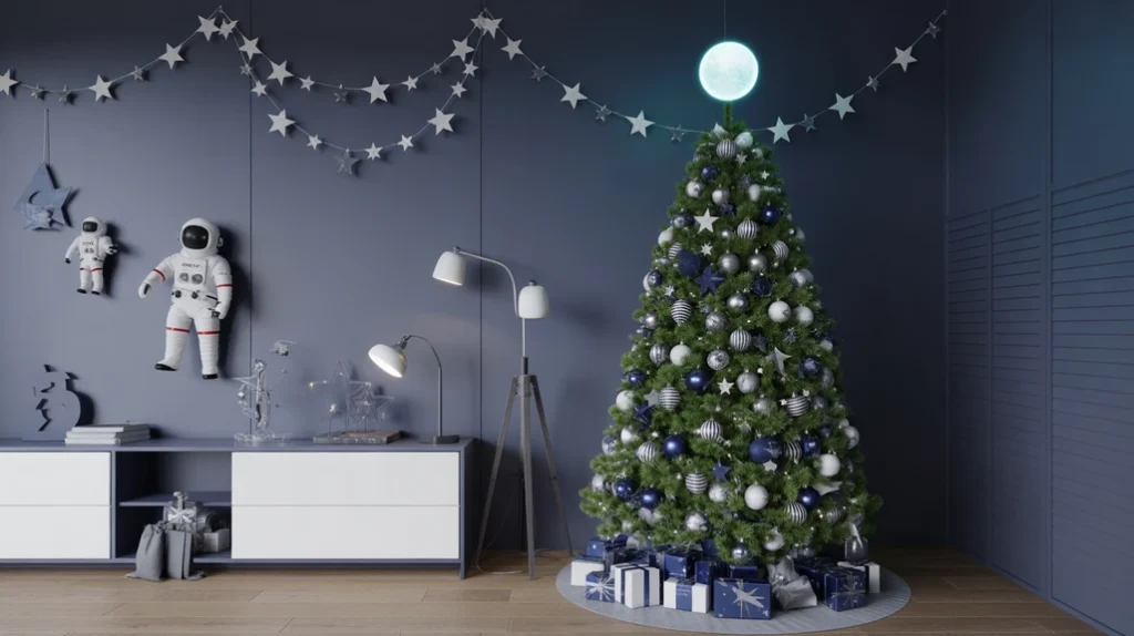 Space-themed Christmas tree with metallic stars, astronauts, and cosmic ornaments