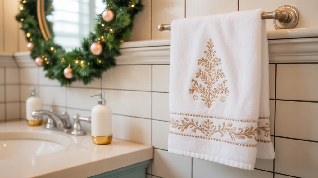 sparkly hand towel with metallic embroidery styled for a glamorous holiday bathroom