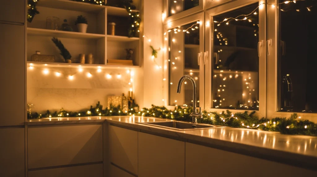 String lights and fairy decor illuminating modern Christmas kitchen