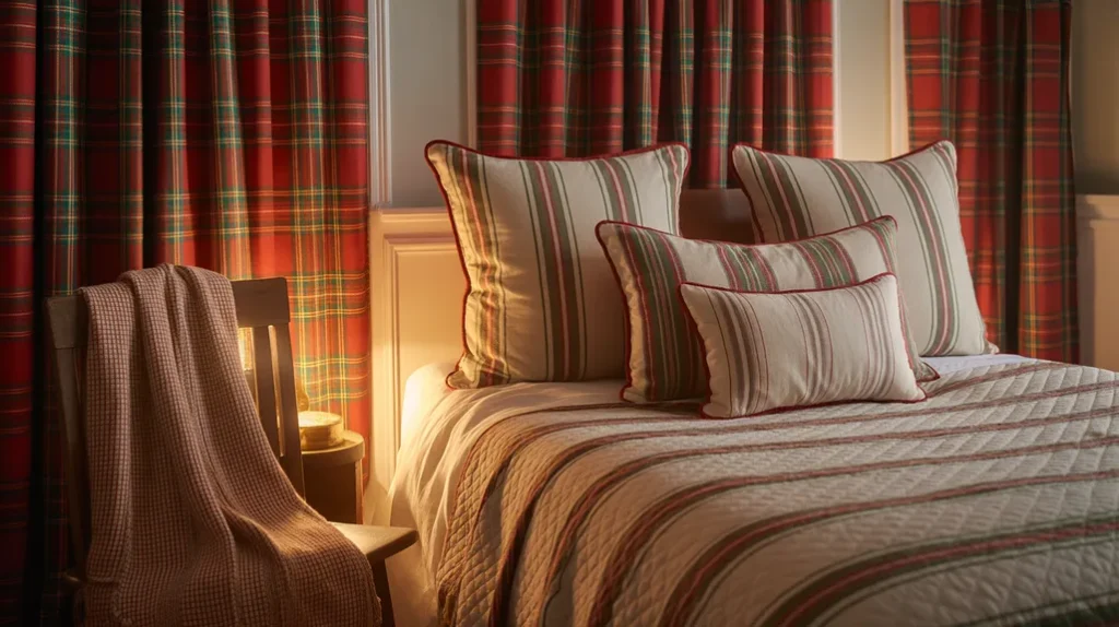 Striped and checkered fabrics bringing heritage texture to a warm holiday bedroom setting