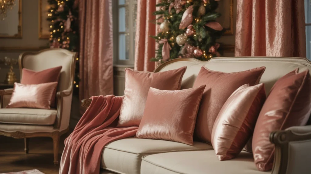 Velvet and satin fabrics in blush and rose gold shades creating luxurious Christmas living room textures.