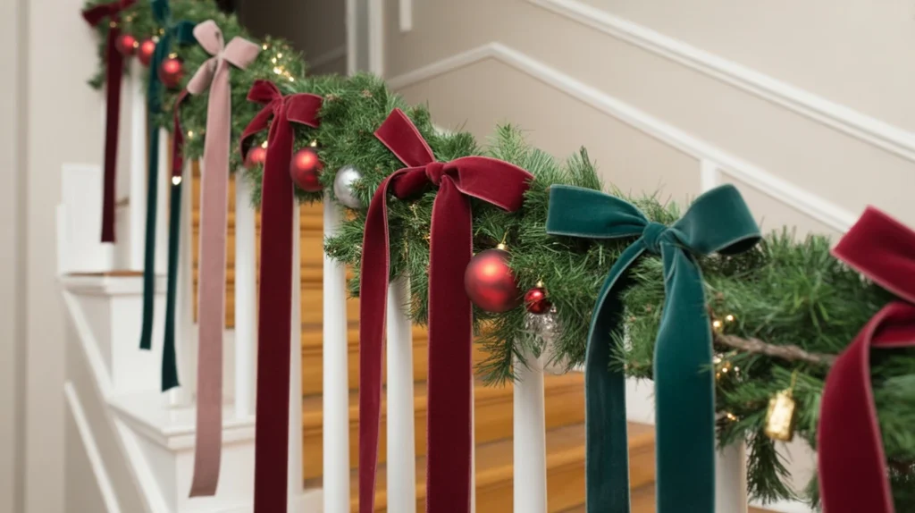 “Velvet ribbon tied along staircase garland for luxurious Christmas banister decor”