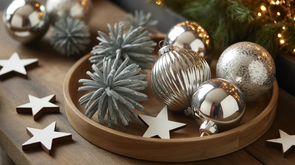 “Vintage Christmas ornaments displayed with rustic textures in a farmhouse entryway”