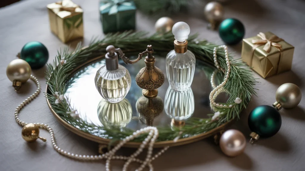 mirrored vintage perfume tray decorated with greenery and retro ornaments
