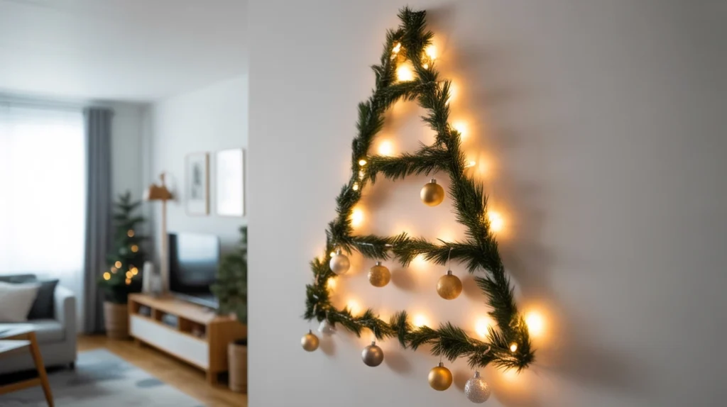 Wall-mounted floating Christmas tree made from lights and greenery for modern small apartment decor.
