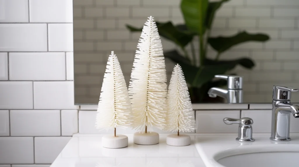 white bottle brush trees creating clean sculptural holiday décor in a modern bathroom