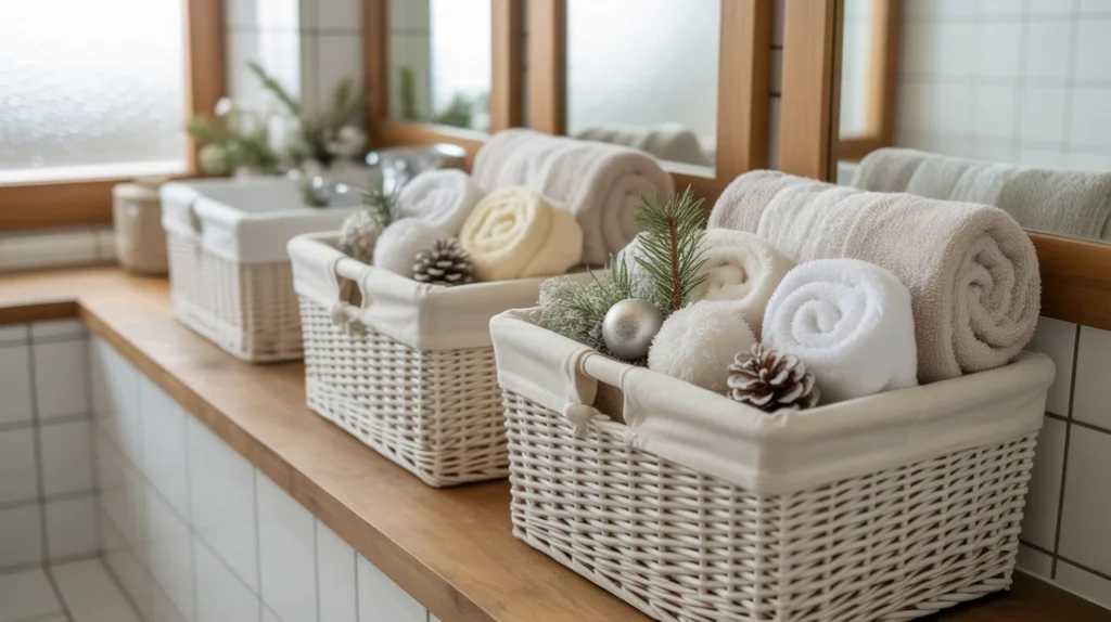 white storage baskets neatly organizing towels in a winter bathroom setting
