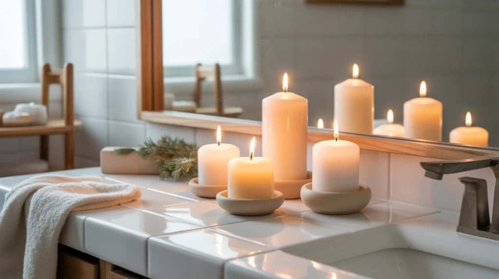 white winter candles adding warm hygge lighting to a nordic christmas bathroom