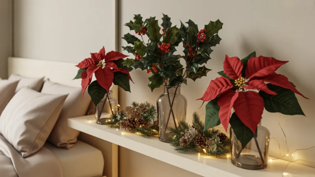 Winter florals and faux Christmas arrangements styled on shelves and tables
