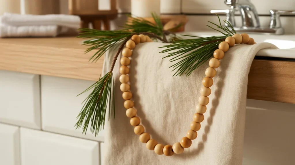 wooden bead garland paired with pine sprigs for natural boho christmas bathroom accents