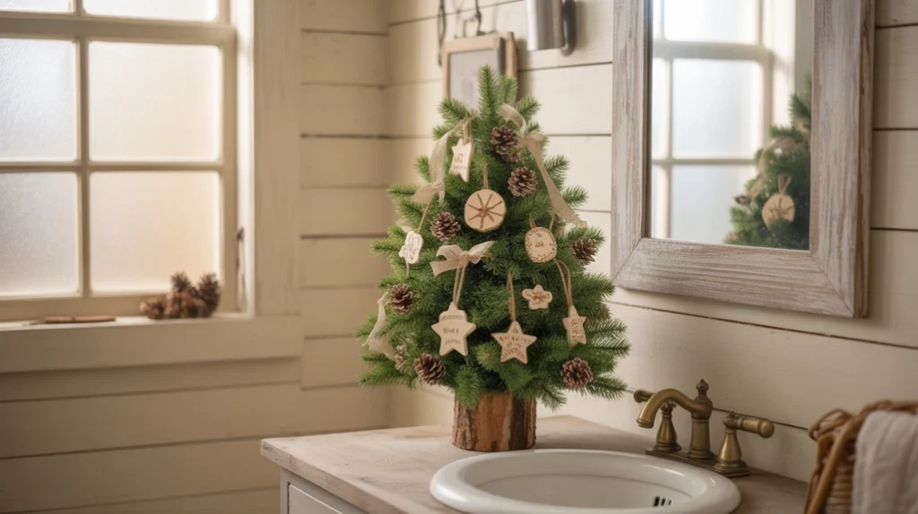 mini woodland christmas tree decorated with simple rustic ornaments in farmhouse bathroom
