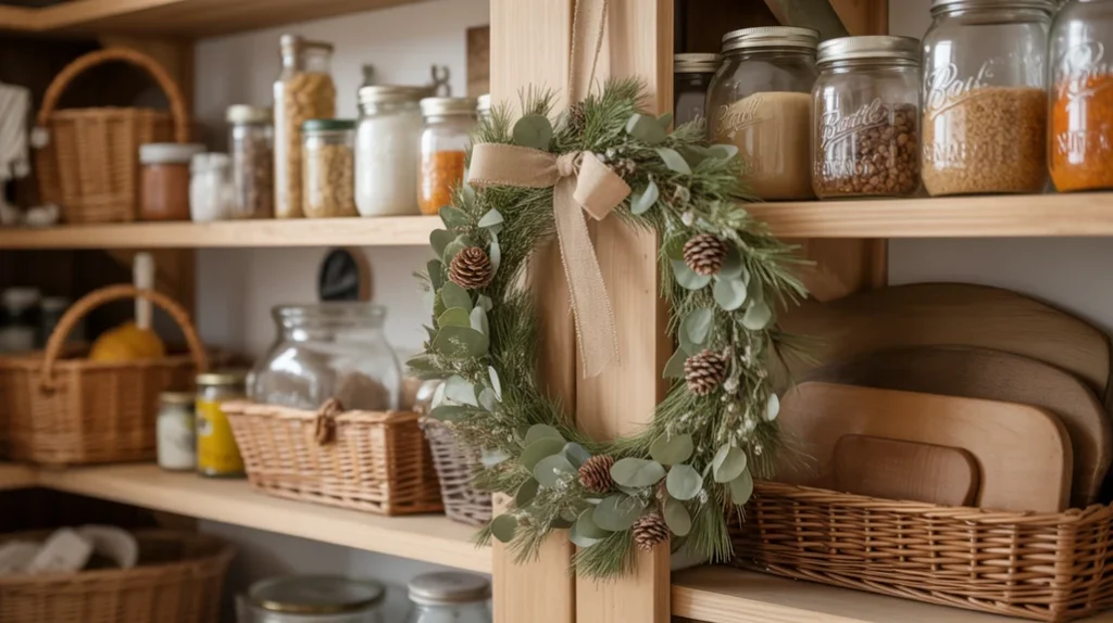 Rustic greenery wreath placed on open pantry shelves with jars and baskets