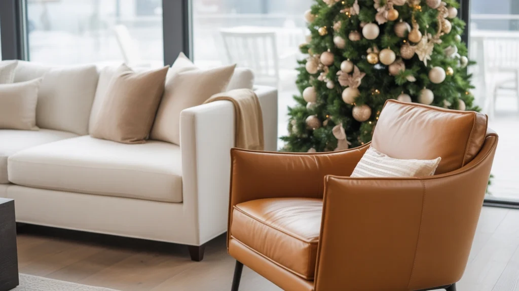 Scandinavian holiday interior with eucalyptus, cedar branches, and natural textures