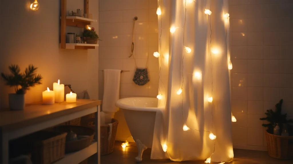Soft Christmas lighting illuminating a festive shower curtain for a cozy holiday glow.
