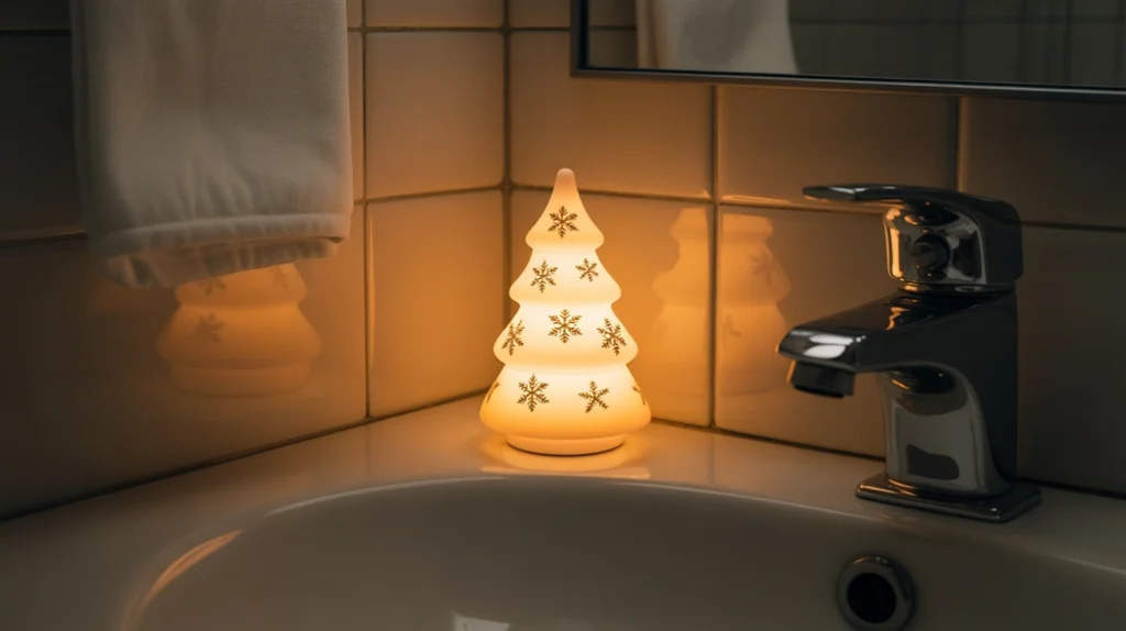 Warm Christmas night light creating soft festive ambiance in a bathroom.