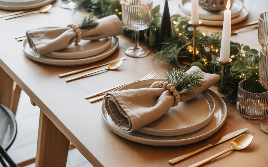 Linen Napkins and Wooden Beads Christmas Table Setting
