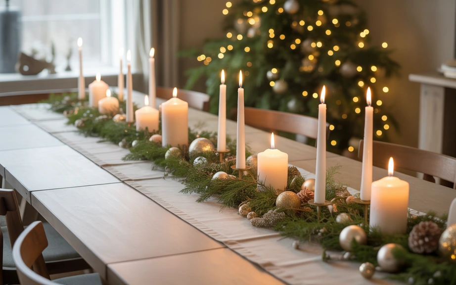 Long Table Runner with Mixed Candles and Greenery