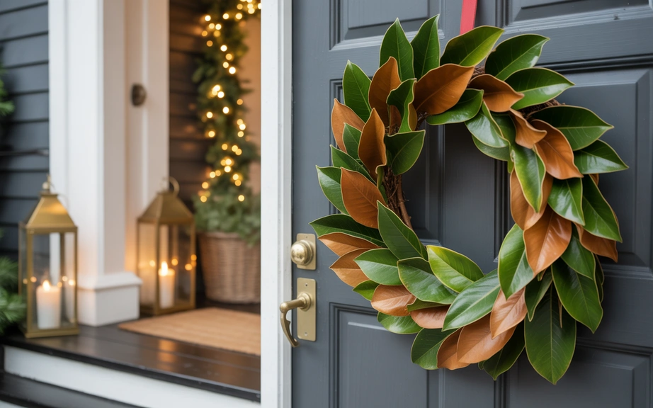 Magnolia Leaf Wreath with Warm Lantern Lighting