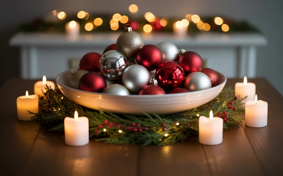 Red and White Ornament Bowl Centerpiece