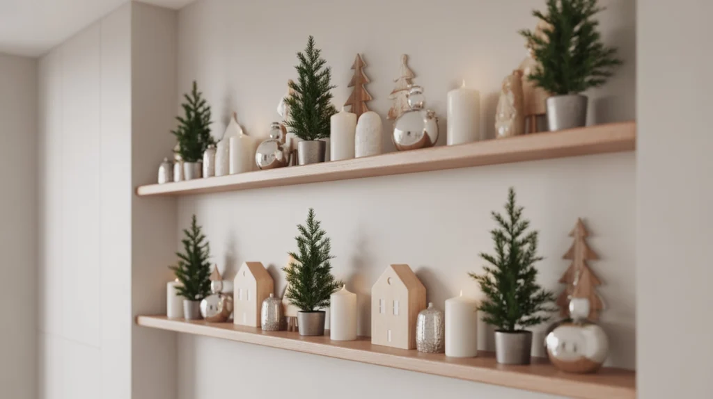 Hallway shelves decorated with mini trees, candles, and winter holiday accents