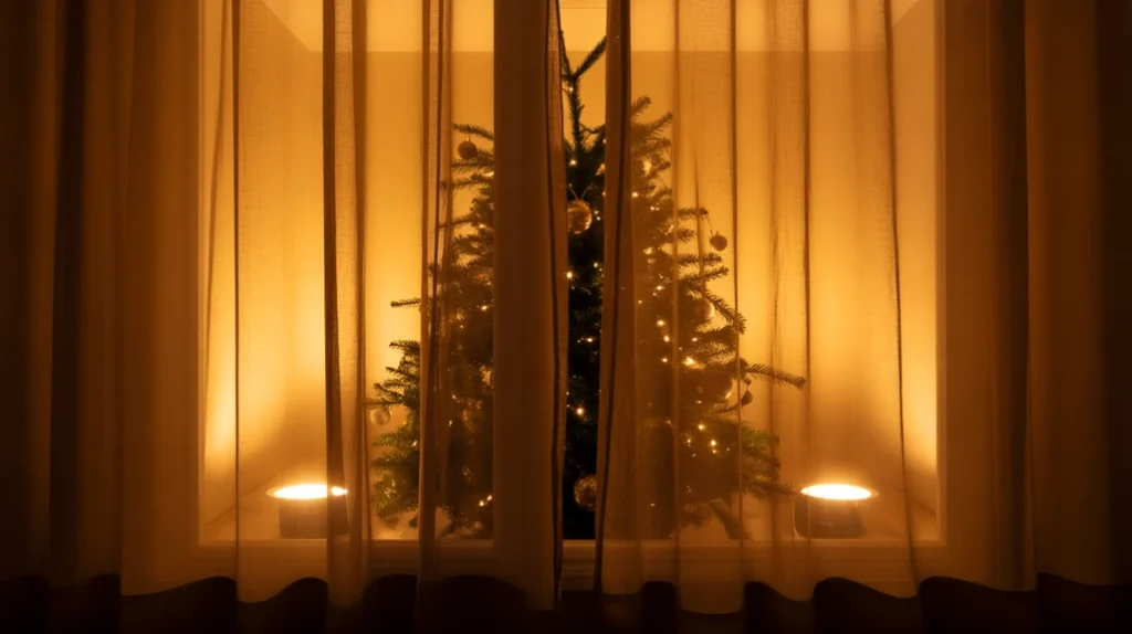 Ambient uplights behind tree and curtains casting warm Christmas living room glow