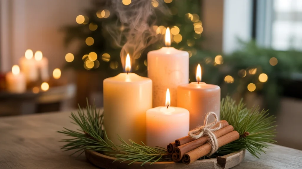 Christmas scented candles with cinnamon and pine aroma creating festive atmosphere