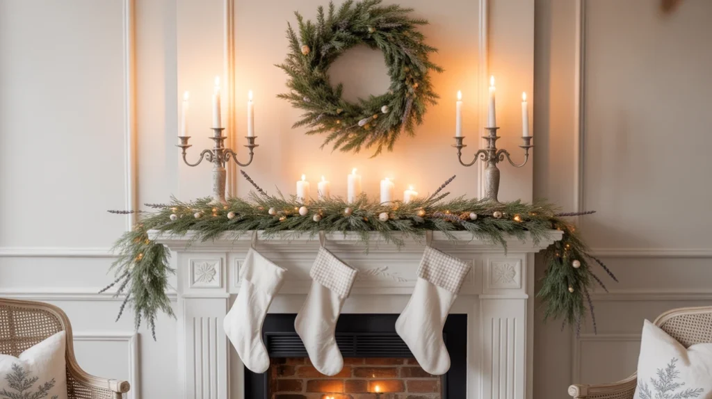French country Christmas fireplace with beige tones, antique candleholders, and dried lavender garland