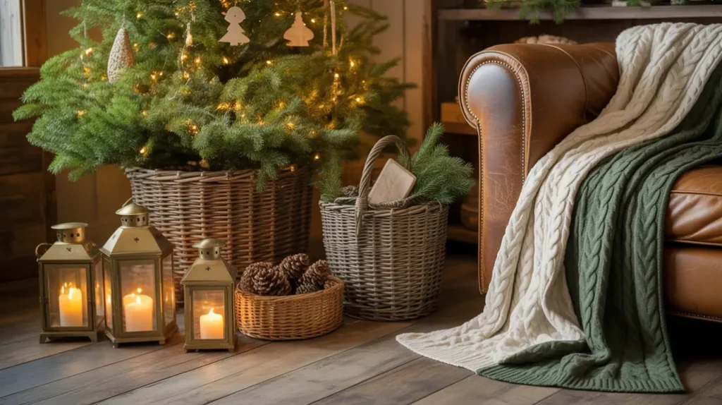 Farmhouse Christmas tree with galvanized metal ornaments and rustic charm