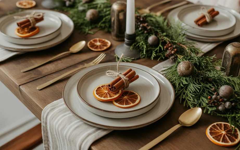 Rustic Farmhouse Table with Dried Orange and Cinnamon Accents