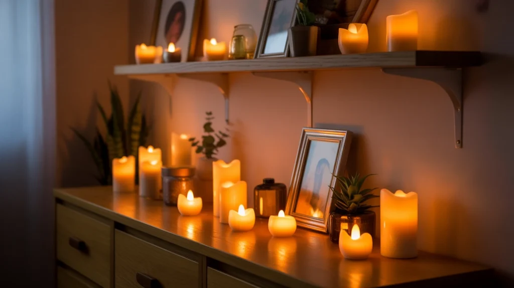 Battery-operated candles on nightstand casting peaceful glow in holiday bedroom