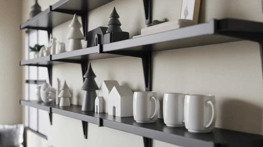 Black floating shelves displaying white mugs and ceramic houses with monochrome festive styling