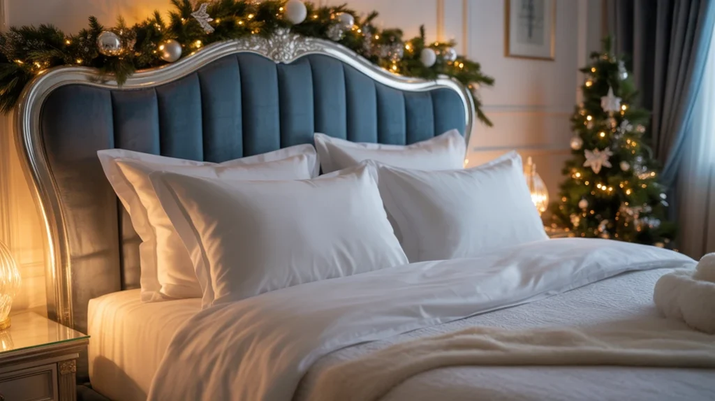 Blue upholstered bed with a silver headboard, paired with white bedding and metallic decor for a sophisticated Christmas look.